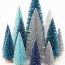 Leyndo 9 Pcs Blue Classic Artificial Mini Christmas Tree Sisal Bottle Brush Trees with Wood Base Christmas Pine Trees for Autumn Winter Holiday Home Kitchen Party Decor