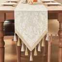 Loom and Mill Elegant Jacquard Table Runner 108 inches Long, Luxury Floral Table Runners with Handmade Multi-Tassels for Dining Room Dresser Party Holiday Banquet Decoration (Beige+White,13x108 inch)