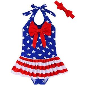 RAISEVERN Toddler Girl One Piece Swimsuit Baby Beach Bathing Suit Swimwear with Bowknot Headband 1-5T, Size 90
