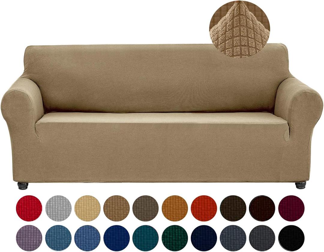 Joccun Stretch Couch Cover Slipcovers, 1-Piece Sofa Covers for 3 Cushion Couch Spandex Jacquard Washable Furniture Protector Cover for Living Room,Kids,Pets(Sofa,Tan) (Large78"-94")