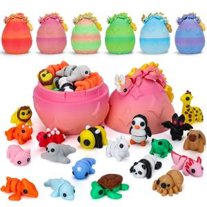 Mini 3D Printed Animals with Dragon Eggs Set, 3D Printed Fidget Toys Bulk, Small Articulated Animal Figures,Easter Basket Stuffers, Pocket Pets, Desk Decor, Party Favors (Animal Family)