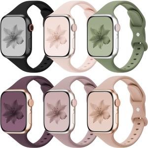 6 Pack Thin Slim Bands Compatible with Apple Watch 38mm 40mm 41mm 42mm Women Men, Replacement Soft Silicone Sport Strap for iWatch Series 11/10/9/8/7/6/5/4/3/2/1 Ultra SE