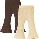 2 Pack Baby Girl Pants Toddler Ribbed Bell Bottoms with Pockets Stretchy Solid Ruffle Newborn Girl Flare Leggings (18-24 Months, Brown/Apricot)