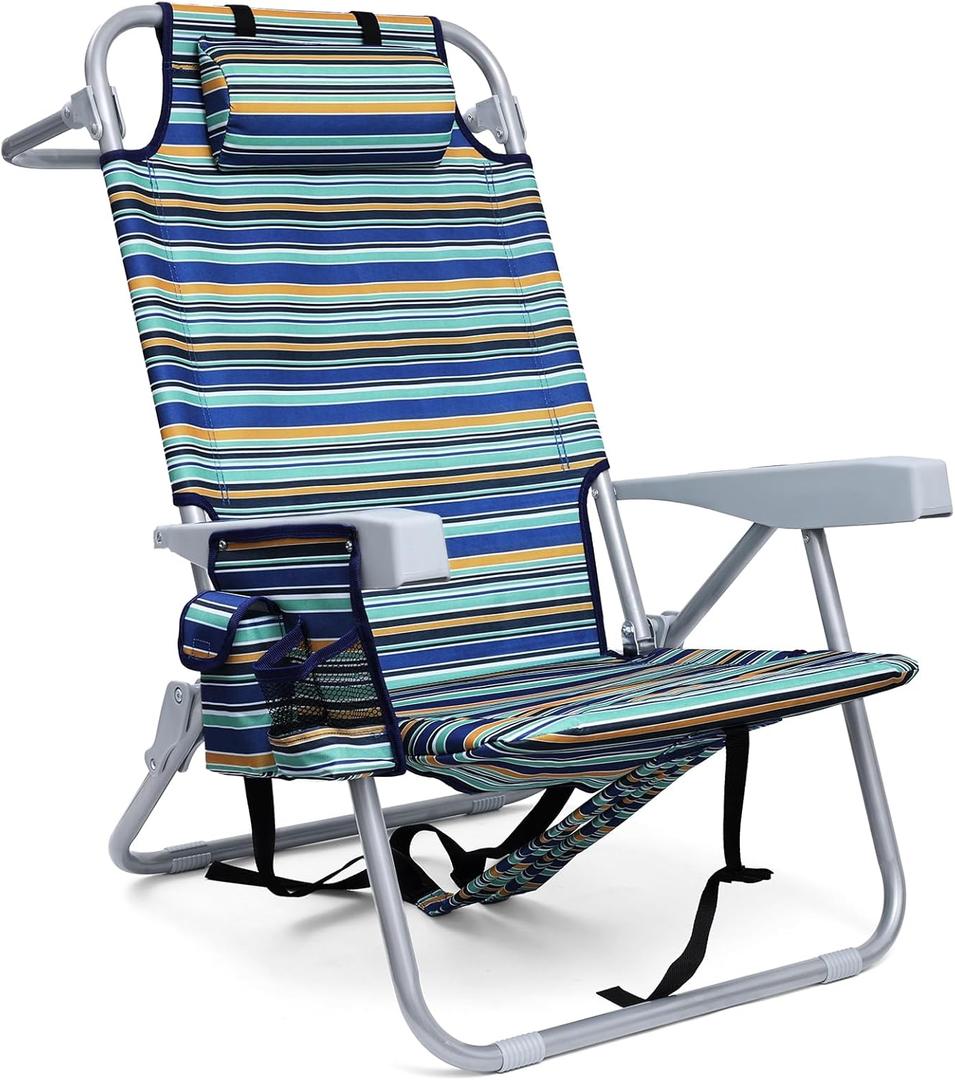 Backpack Beach Chair for Adults, Folding Beach Chair with 4 Positions, Heavy Duty Chair with Large Cooler Pouch Support to 350LBS (Stripes_Blue&Cyan&Yellow)