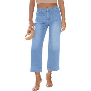 LookbookStore High Waisted Wide Leg Pants for Women Stretchy Jeans for Women Lakeside Blue Plus Size Jeans Cropped Pants Size X-Large 16 18