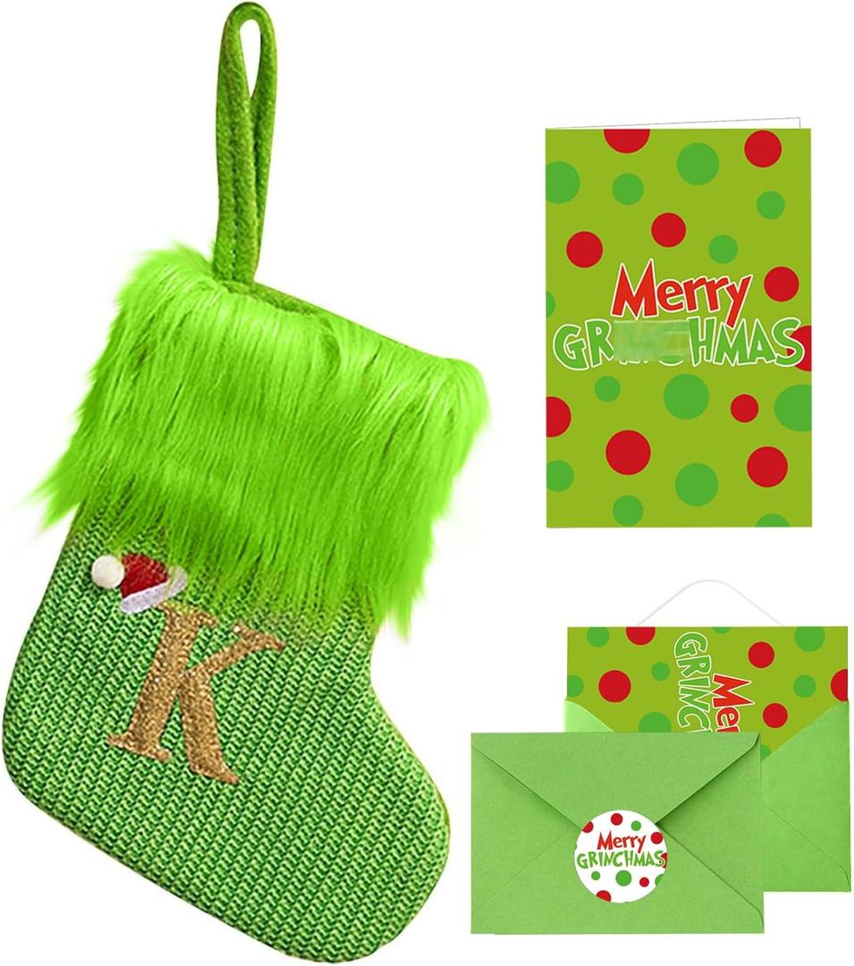 Christmas Stockings with Initials, 7.9 Inches Mini Embroidered Letter Knit Xmas Stockings, Monogram Knitted Xmas Stocking with Card Envelope, Christmas Party Fireplace Family Hanging Decorations (K)