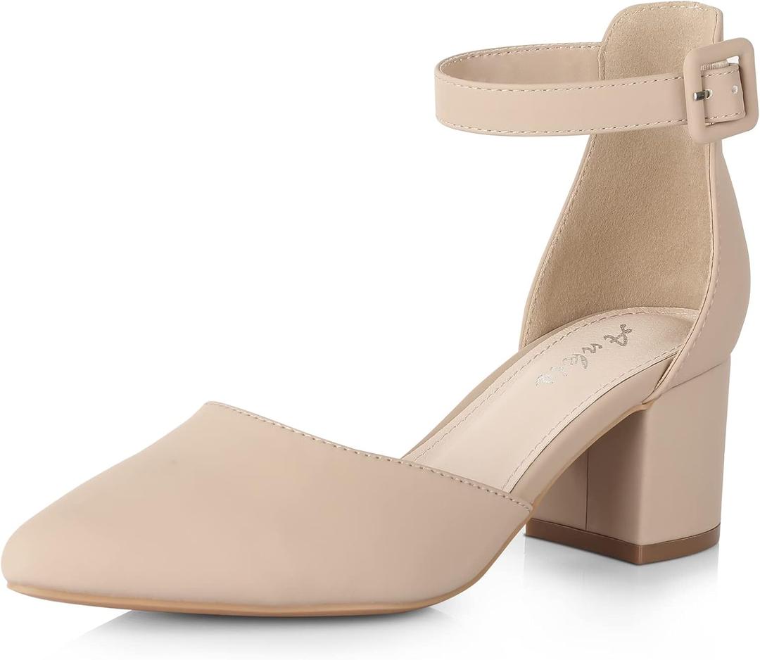 Ankis Closed Toe Heels for Women -Black Nude Gold Silver Pointed Toe Heels Low Block Chunky Women Pumps with Ankle Strap -2.25 Inch