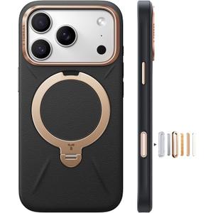 TORRAS Organic Leather for iPhone 17 Pro Case with Stand, Fit for Magsafe, 360 Spin Stand with Camera Control, Premium Leather Durable Stylish Q3 VegSkin for iPhone 17 Pro Phone Case, Midnight Black