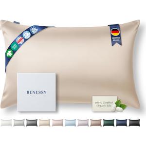 RENESSY Premium Silk Pillowcase 100% Organic Mulberry Silk, 22 Momme, Grade 6A - Oeko-Tex Certified in Germany - Luxury for Hair & Skin, 2 Pcs (Standard Size 20x26 Inches, Champagne)
