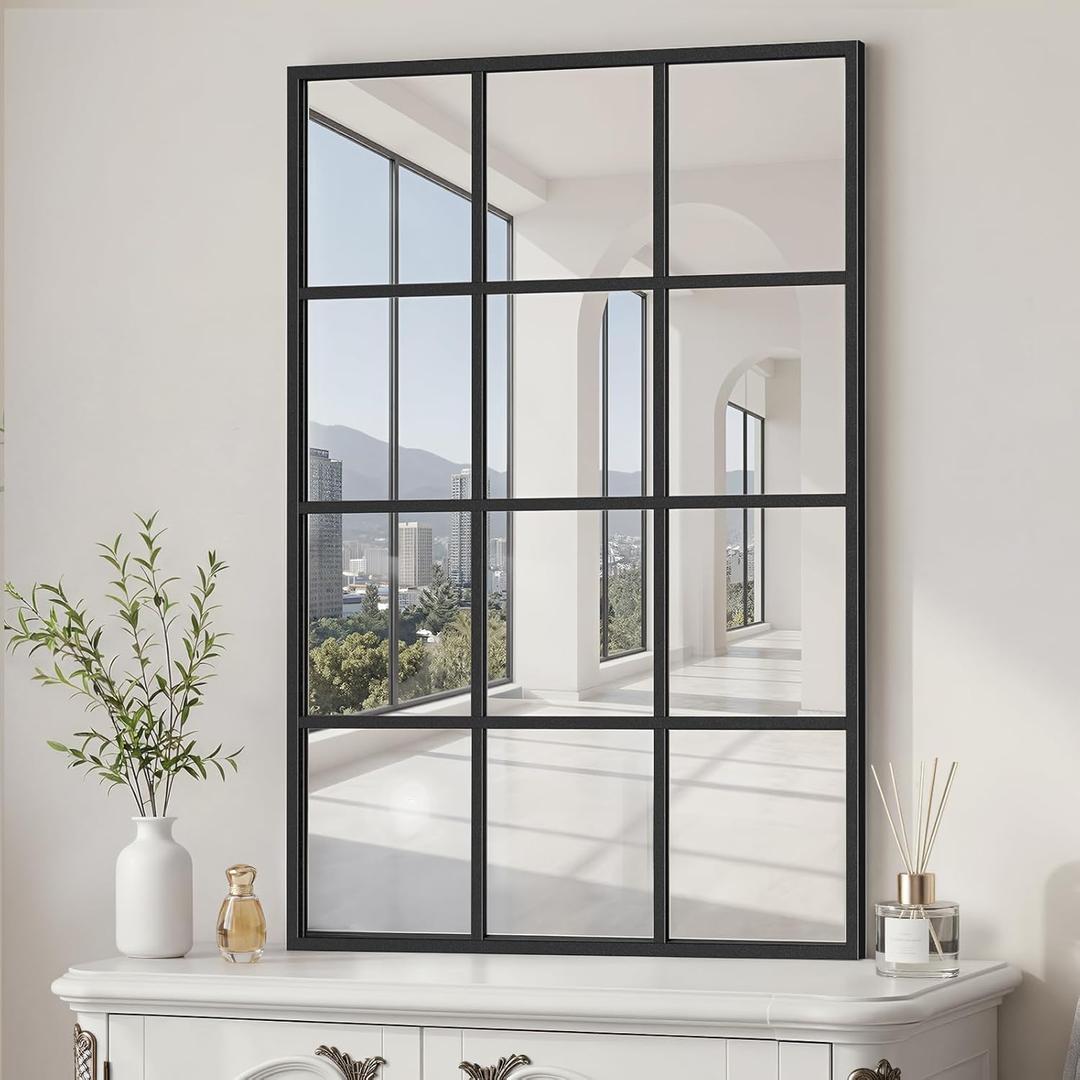 Window Pane Mirror, 38x26 Decorative Wall Mirrors, Black Metal Framed Windowpane Mirror for Farmhouse & Modern Bedroom, Living Room, Dining Room, Entryway, Fireplace Decor with Hanging or Leaning