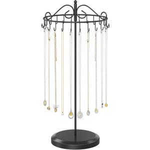 iDavosic.ly Rotating Necklace Holder Organizer with 24 Hooks, Adjustable Metal Bracelet Display Stand Rack, Extra Tall Keychain Spinning Tree Tower for Women, Black (Black - 1 Tier)