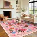 Washable Boho Area Rug 8'10' Hot Pink White Large Living Room Rug Floral Non-Slip Soft Oriental Vintage Color Bedroom Carpet Dining Room Nursery Home Office Indoor Decor