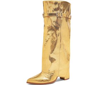 NEWBELLA Women's Knee High Boots - Shiny Faux Leather Slim Fit Trouser Boots, Fashionable Pointed Toe Block Heel Boots for Outfits, Gold 8