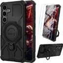 Vaki for Samsung Galaxy S25 Case with Tempered Glass Screen Protector, Heavy Duty Military Grade Shockproof Protective Cover 360 Ring Magnetic Kickstand Armor Cell Phone Case for Samsung S25 (Black)