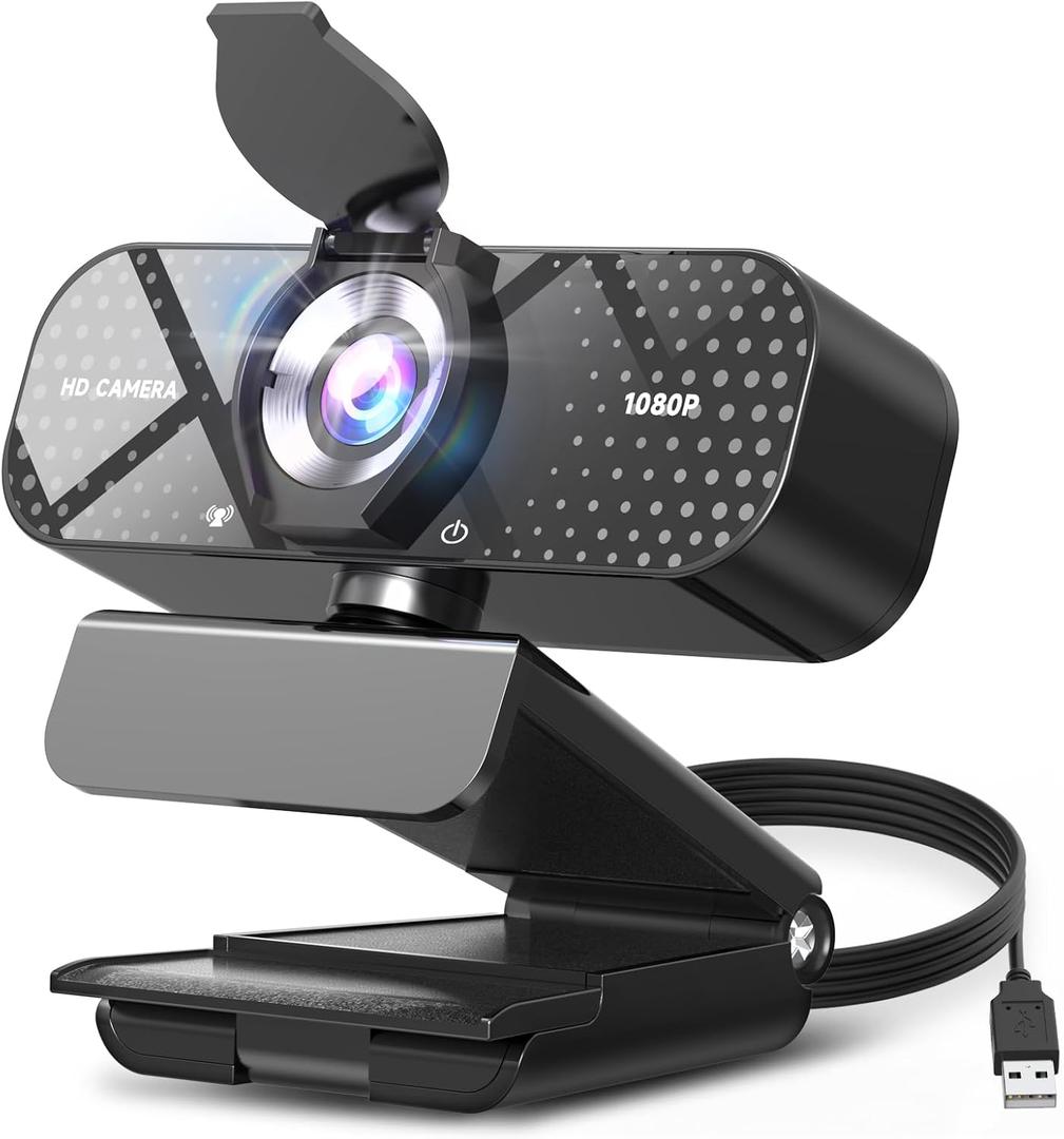 1080P Full HD Webcam with Noise-Canceling Mic, Auto Light Correction, Privacy Cover, Wide-Angle Lens, Plug & Play USB Camera for Laptops, Desktops, PCs, Macs, Zoom, Skype, Teams and Streaming