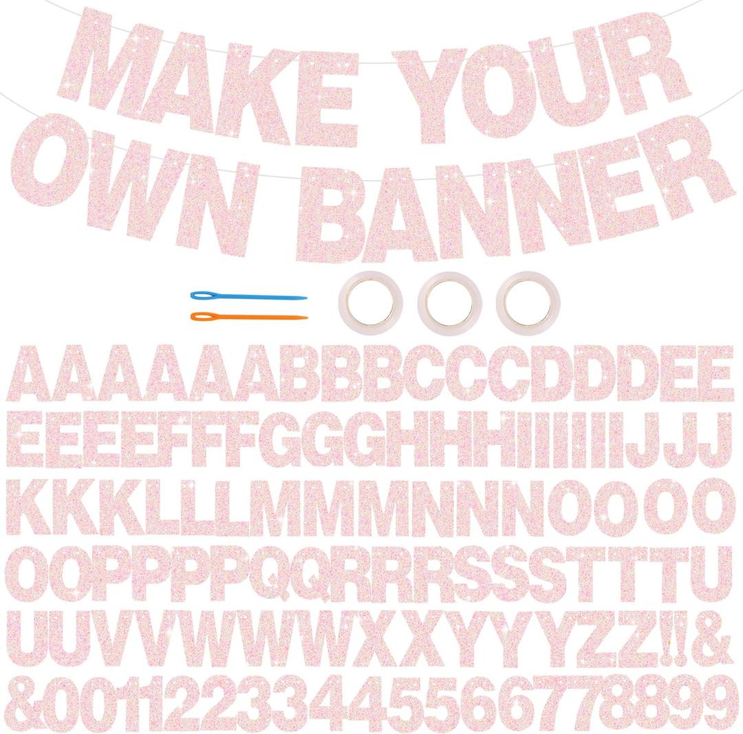 BEISHIDA 116 PCS A-Z DIY Letter Banner Kit Make Your Own Banner Including 111 Letters and Numbers 3 Rope and 2 Threading Device,Customized for Birthday Graduation Wedding Decor Light Pink