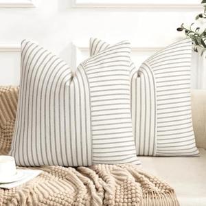 Farmhouse Pillow Covers 18x18, Modern Accent Square Throw Pillow Covers Set of 2, Gray and Beige Striped Patchwork Linen Decorative Pillows Cushion Covers for Couch Chair Bedroom Fall Decorations