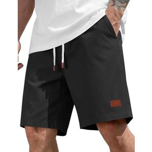 COOFANDY Mens Cotton Chino Shorts 9 Inch Casual Shorts Elastic Waist Drawstring Summer Beach Shorts with Pockets (Large, Black)