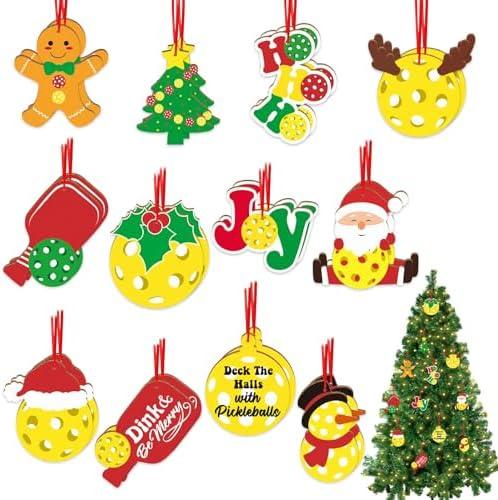 Xylolfsty Pickleball Christmas Ornaments Set of 24 Rustic Wooden Pickleball Gifts Tags for Women Pickleball Players Coach Friends Decorative Pickleball Keychain Christmas Tree Decor