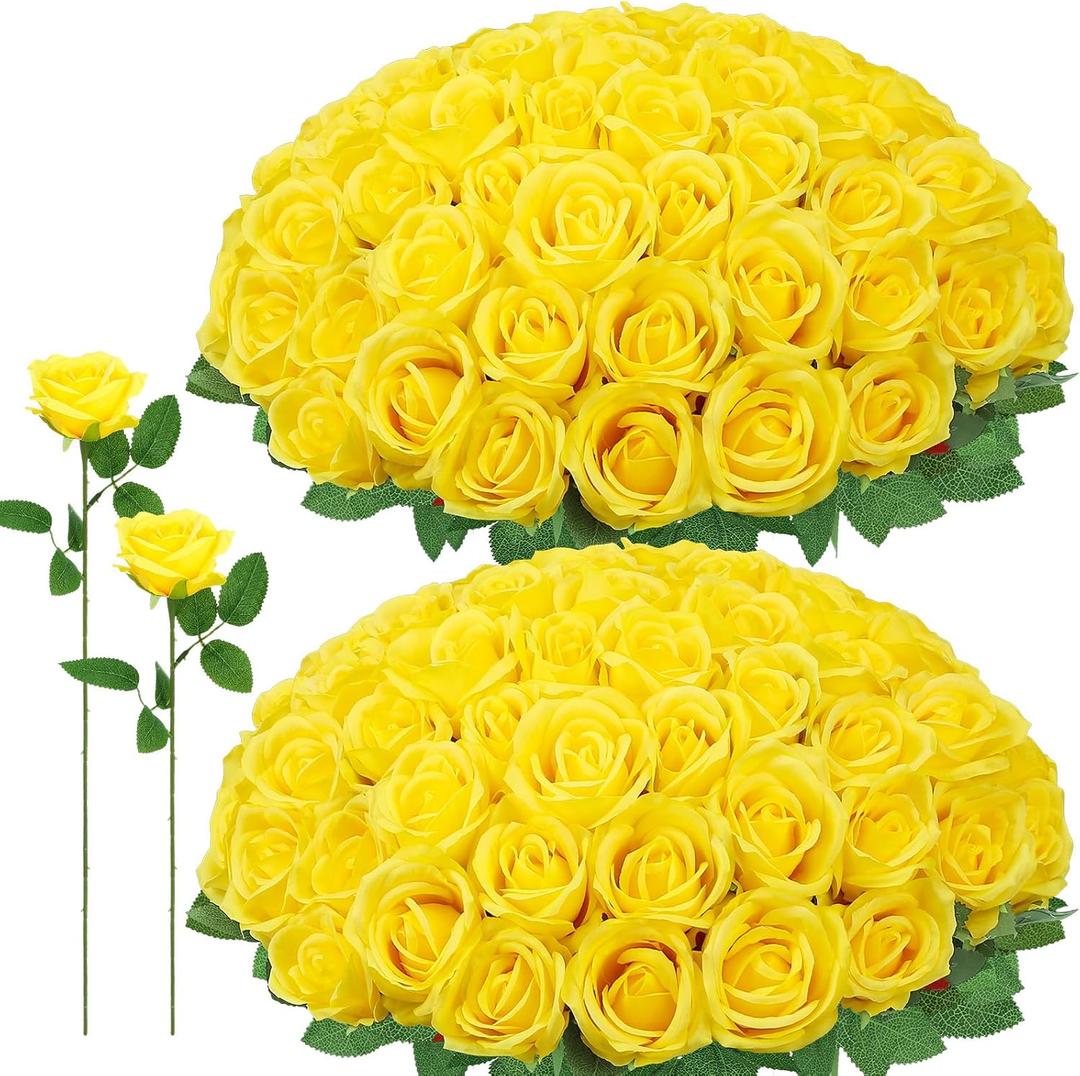 72 Pcs Artificial Roses Yellow Fake Silk Roses Realistic Roses Faux Flower Indoor Wedding Home Decor, Birthday Decorations