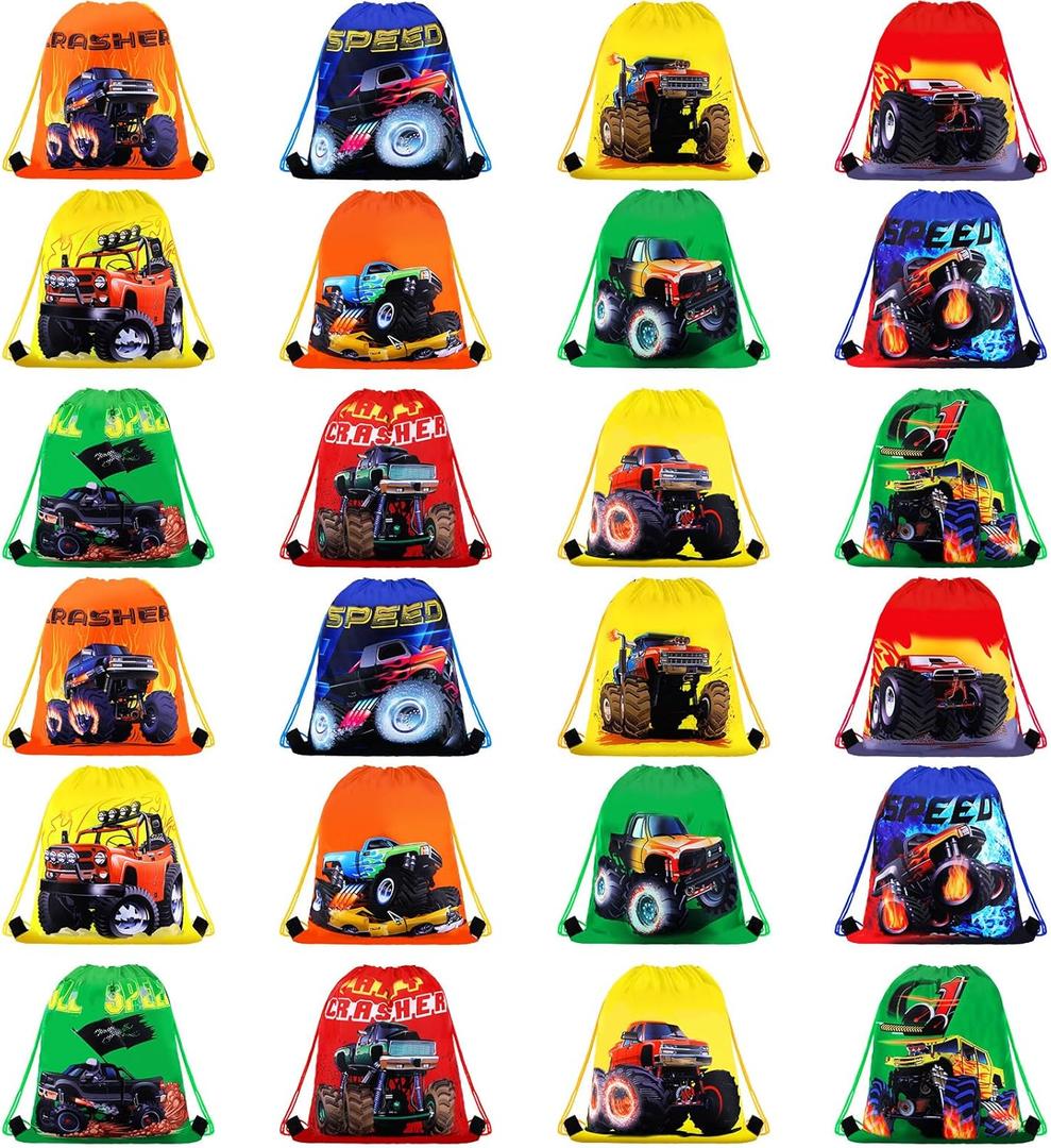 Truck Party Gifts Bags, Racing Drawstring Backpack Colorful Truck Goodie Bags Candy Favor Storage Supplies for Kids Birthday Party Decoration(24 Pieces,Stylish Style)
