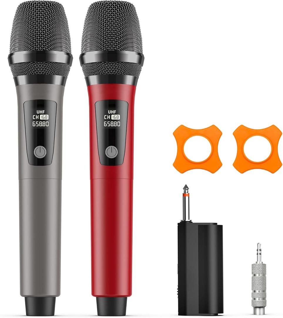HWWR Wireless Microphones, Professional Dual Karaoke Microphones, Wireless Dynamic Microphone System Set with Rechargeable Receiver for Home Party, Speech, Wedding, Church, PA System (Red)