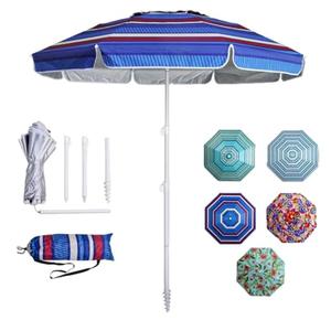LOTTAFUN 6ft Beach Umbrella - Heavy Duty Wind Resistant UV 50+ Portable Sun Shade with Sand Anchor & Carry Bag, Outdoor Folding Umbrella for Beach, Pool, Patio, Garden (Blue color strip) No Tilt The sand needs to exceed the spiral 6inch