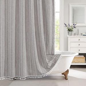 MitoVilla Boho Farmhouse Fabric Shower Curtain Set, Brown Grey Modern Cotton Linen Shower Curtains for Vintage Rustic Bathroom Decor, Country Tassel Thick Cloth Shower Curtain, 72 x 72