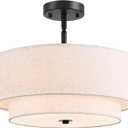 16" Semi Flush Mount Ceiling Light, Black 3 Light Double Drum Fabric Lampshade Lighting Fixture for Living Room, Bedroom, Dining Room, Kitchen, Hallway (Swivel Canopy for Sloped/Flat Ceiling)