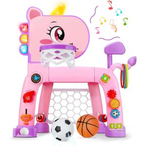 4 in 1 Toddler Basketball Hoop & Soccer Goal, Kids Sports Toy for 1 2 3 Years Old Girls Boys, Baby Toy with Sound & Light, Birthday Gift for 12-18 Months, Pink