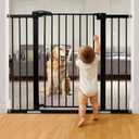 BABELIO 36" Tall Baby Gate PressGuard P7, 29-48" Auto-Close & Pressure Mounted, Black Steel Dog Gate for Stairs & Doorways