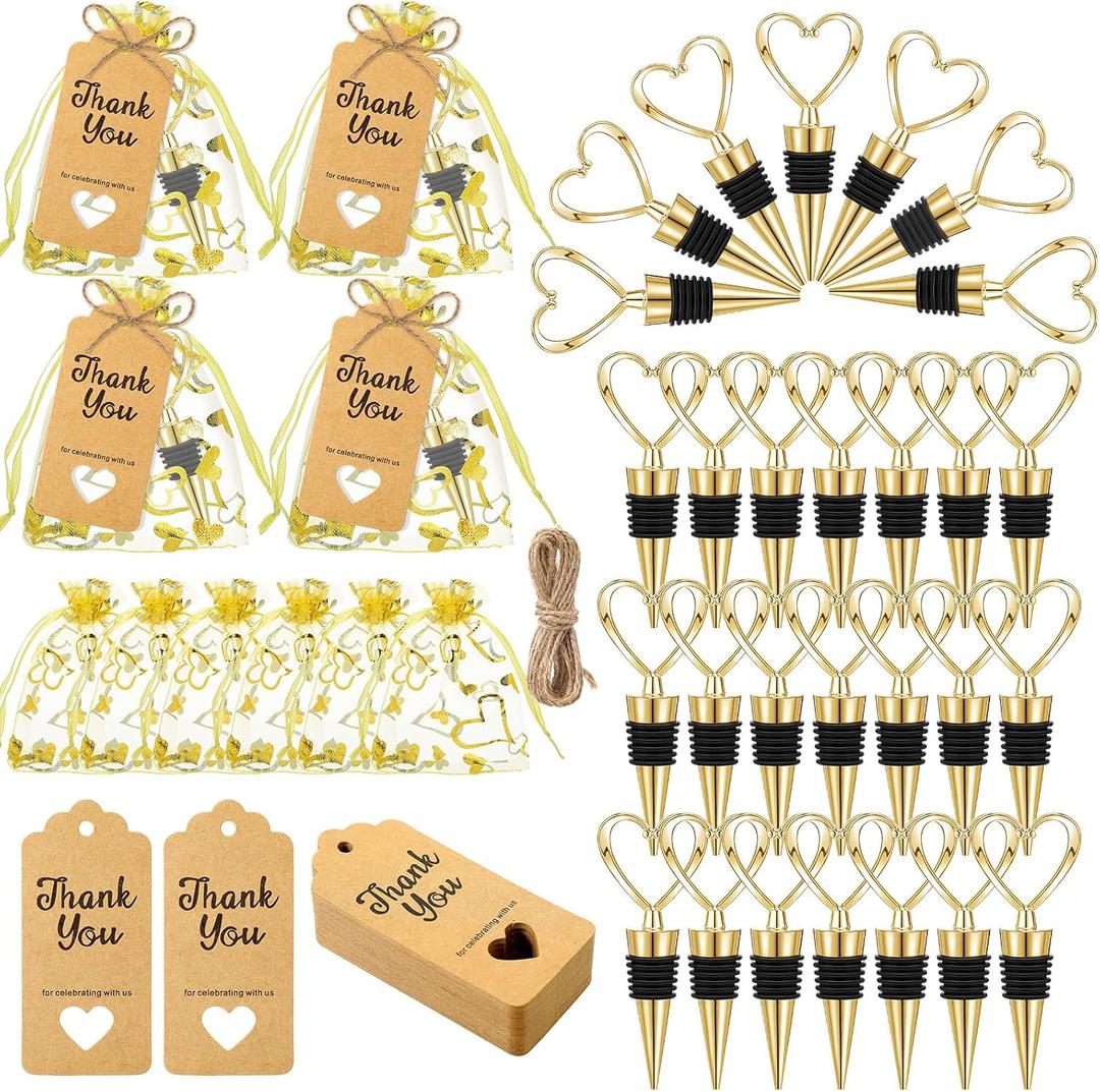 48 Set Heart Shaped Wine Beverage Bottle Stopper Party Favors Bulk Love Design for Guests with Sheer Bags, Labels, Rope for Valentines Souvenir Gifts Engagement Wedding Bridal Shower Supplies (Gold)