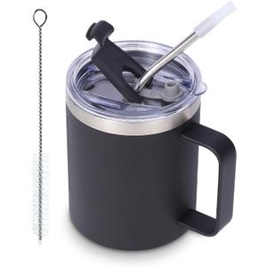 Volhoply 12oz Insulated Leakproof Coffee Mug with Flip & Straw Lid,Double Wall Vacuum Stainless Steel Travel Cafe Tumbler Cup with Handle, Reusable Camping Mugs Keep Cold/Hot (Black,1 Set)