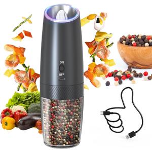 CIRCLE JOY Gravity Electric Pepper Grinder Rechargeable Salt Grinder Pepper Griner Mill Electric with LED Light, No Battery Needed, Adjustable Coarseness, Washable 135ml Container, Black