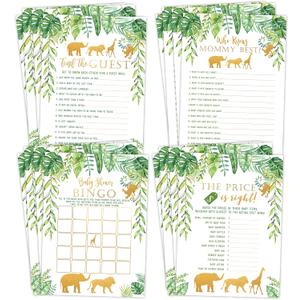 Your Main Event Prints Jungle Baby Shower Games - 25 Each - Bingo, Find The Guest, The Price is Right, Who Knows Mommy Best - Jungle Animals Theme - Printed Front and Back, 1 Game Per Side