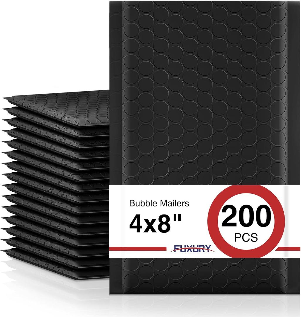 Fuxury Black Bubble Mailers 4x8" 200 Pack Waterproof Padded Envelopes Self Seal Bubble Envelopes Usable Size 4x7" Padded Mailers for Small Business Shipping Envelope Mailers, 48" 200pc