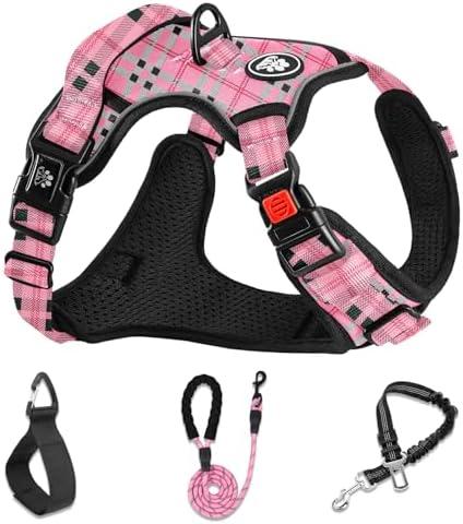 NESTROAD No Pull Dog Harness with Leash, Reflective No Choke Pet Vest Harness,Adjustable Soft Padded Dog Harness with Easy Control Handle for Medium Dogs(Checkered Pink,Medium)