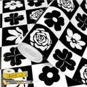 2 x Shelf Liners Non Adhesive Black & White Checkerboard Floral - Thickened Non-Slip Easy to Clean Drawer Liner for Kitchen Cabinets, Tool Box, Refrigerator, with Knife & Tape Measure, 12in x 118.1in