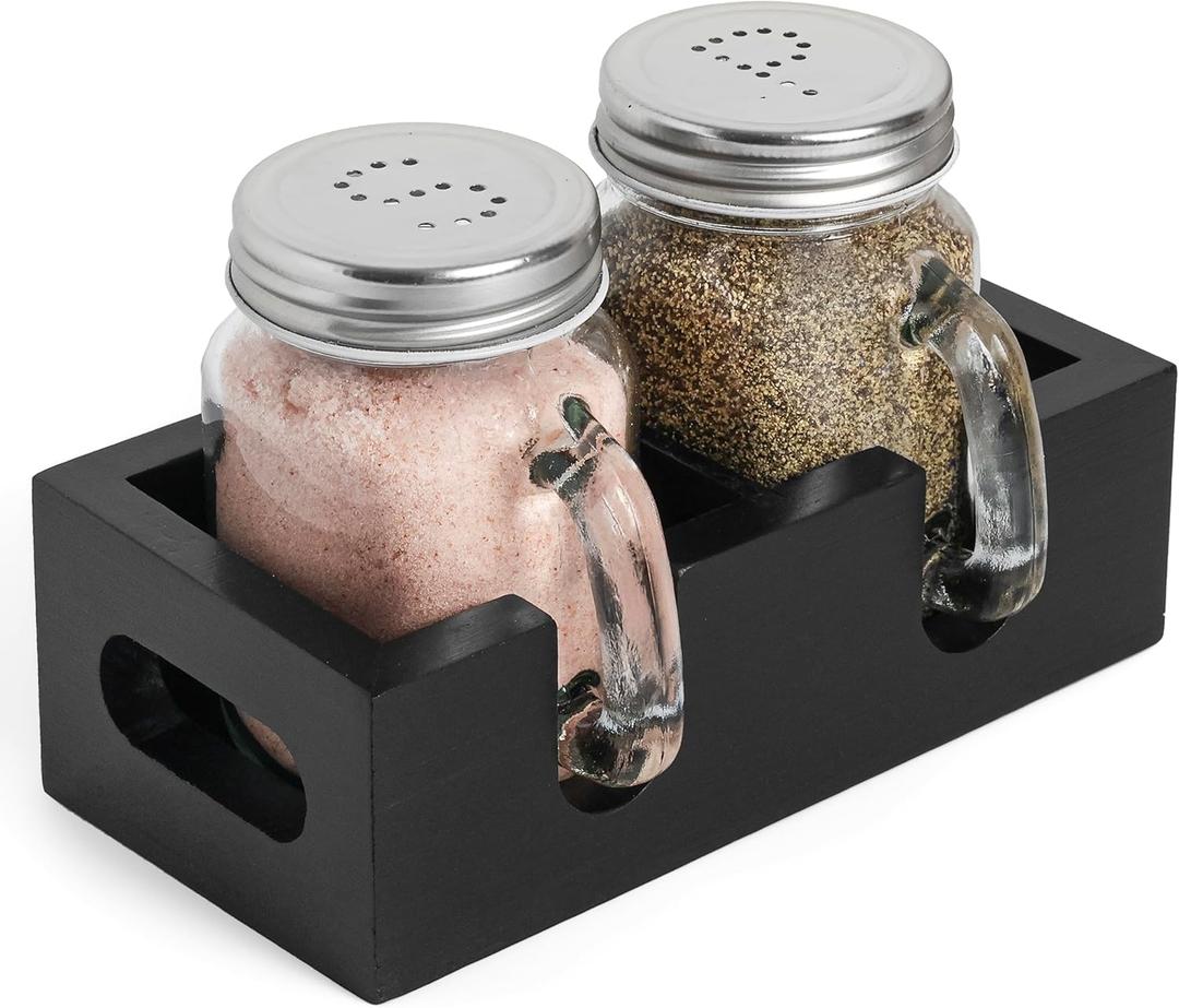 Mason Jar Salt and Pepper Shakers - Glass Shaker Set with Wood Holder Caddy, Easy to Clean & Refill for Farmhouse Kitchen Table, Home and Gifts (Black)