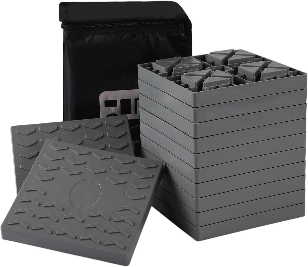 12 Packs Camper/RV Leveling Blocks Suitable for 4 Wheels Interlocking and Anti-Slip Design with Carrying Bag Heavy-Duty for Camper Travel Trailer Grey