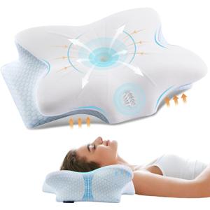 Cervical Memory Foam Pillow for Neck and Shoulder, Ergonomic Contour Cervical Pillow for Sleeping with 2 Heights, Cooling Neck Support Pillows for Side Back Stomach Sleeper Blue