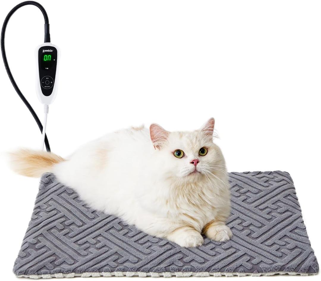 ZOMISIA Cat Heating Pad - 11 Adjustable Temperature and 25 Timer Options, Heated Cat Bed Indoor with Chew-Resistant Cord for Small Dogs, 18x18 Inch