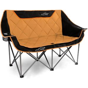 FAIR WIND Oversized Fully Padded Camping Chair Folding Loveseat Camping Couch Double Duo Chair Heavy Duty Quad Fold Arm Chair with Cup Hold - Supports 650 LBS Orange