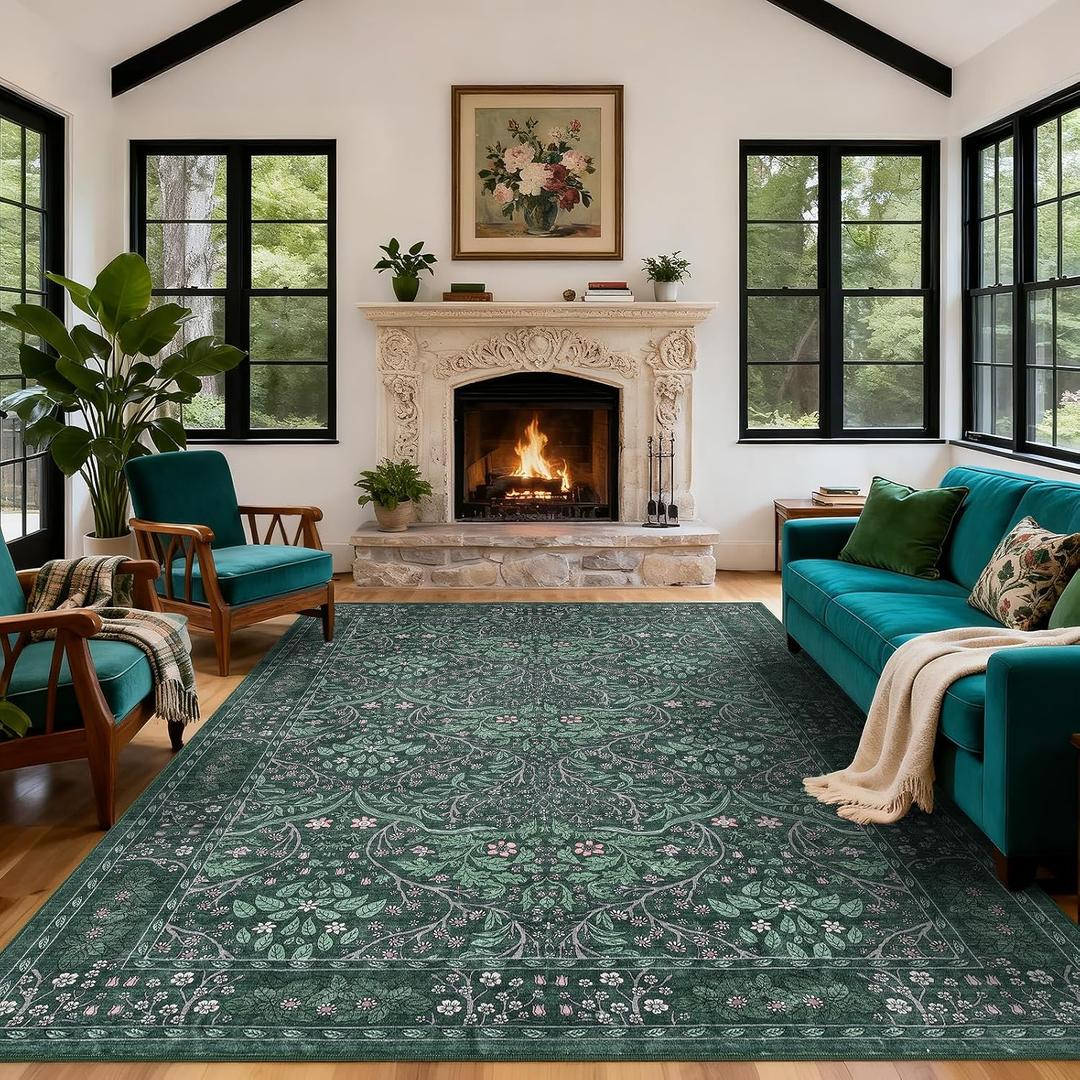 Washable Area Rug 9x12 Living Room Rug,Dark Green Rug for Dining Room Entryway Bedroom Farmhouse Nursery Home Office,Low Pile Stain & Slip Resistant Large Carpet for Bedroom