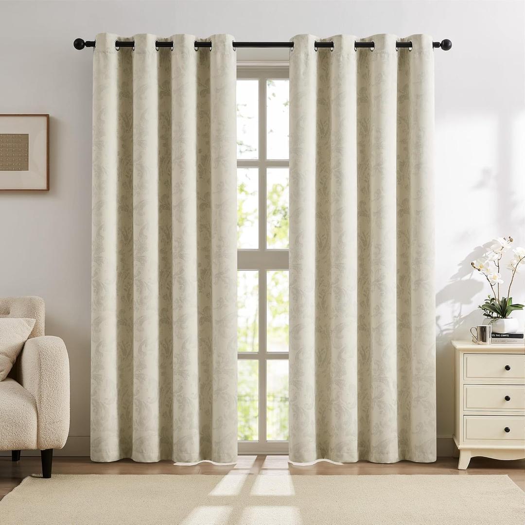 Beige Blackout Curtains for Living Room Silver Foil Metallic Printed Panels for Bedroom, Room Darkening Thermal Insulated Elegant Interior Decoration Privacy Window Drapes, Grommet Top, 52"x63"