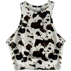 Women's Cow Print Tank Top Sleeveless Crewneck Fitted Crop Tops Summer Cowgirl Vest (XS)