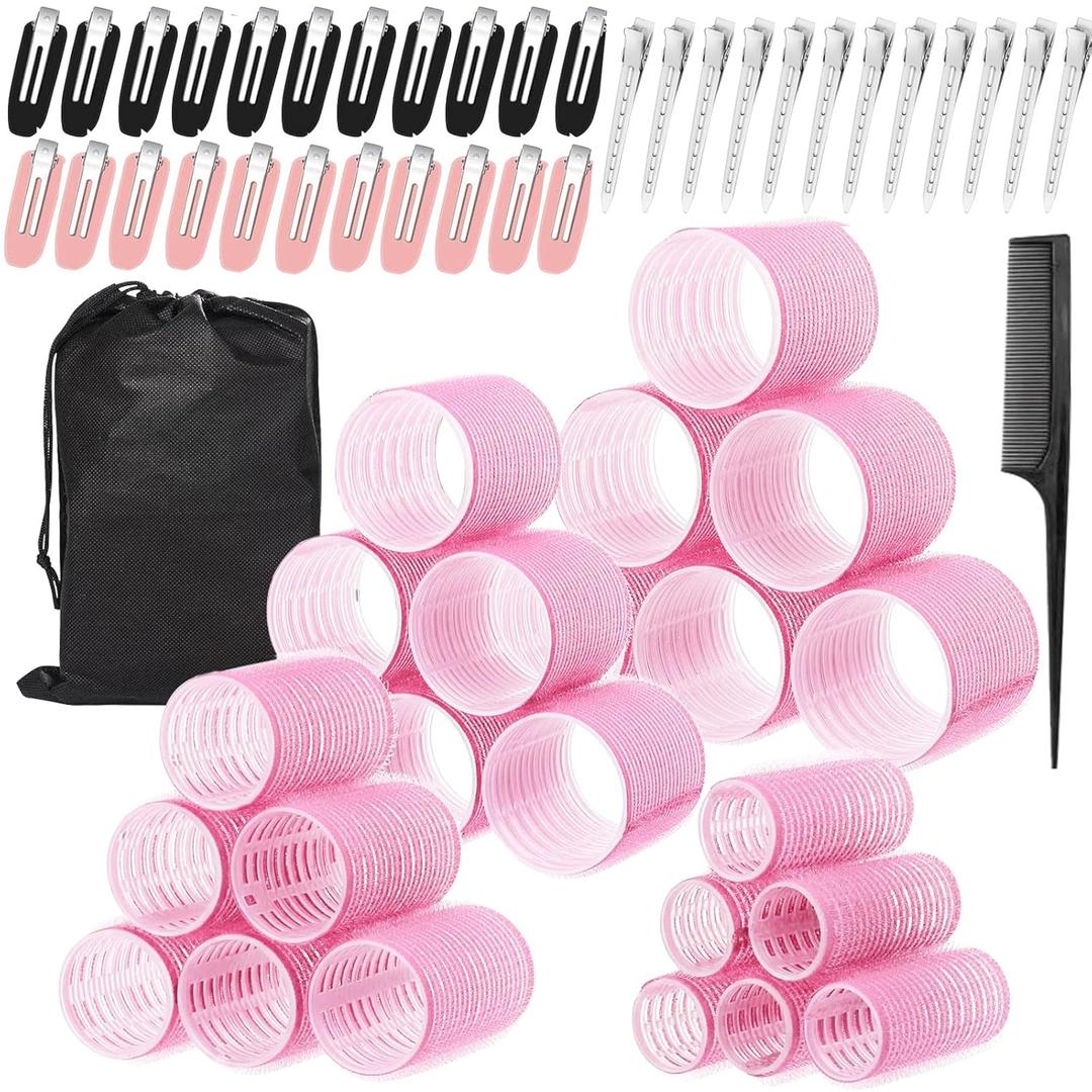 60 Pcs Hair Rollers for Women, Rollers Hair Curlers, 24 Pcs in 4 Sizes(60/48/36/25mm), Self Grip Hair Rollers Set with 34 Pcs Stainless Steel Clips for Long, Medium, Short, Storage Bag, Comb
