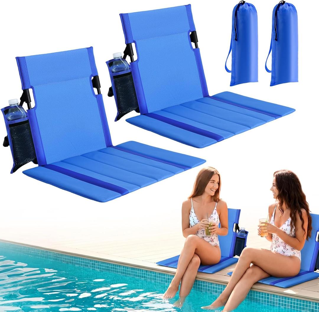 2 Pack Portable Poolside Chairs, Foldable Legless Beach Chairs for Adults with Cup Pocket, Lightweight Ground Seat Small Beach Chair for Edge of Pool, Quick-Dry Back Support for Travel (Navy)