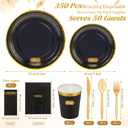 meekoo 350 Pcs Black Party Dinnerware Set Disposable Paper Plates for 50 Guests 9in and 7in Dinner Dessert Plates Napkins Gold Rim Plastic Cups Knives Forks Spoons for Party Wedding(Round)