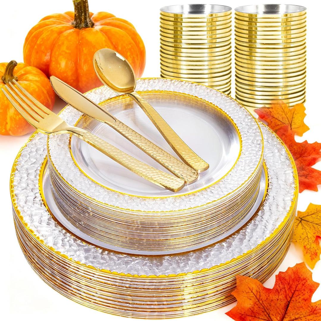 Ciaell 150PCS Clear Gold Plastic Plates - Disposable Gold Rim Plates include 25Dinner Plate, 25Dessert Plate, 25Forks, 25Knives, 25Spoons, 25Cups for Wedding & Party & Thanksgiving